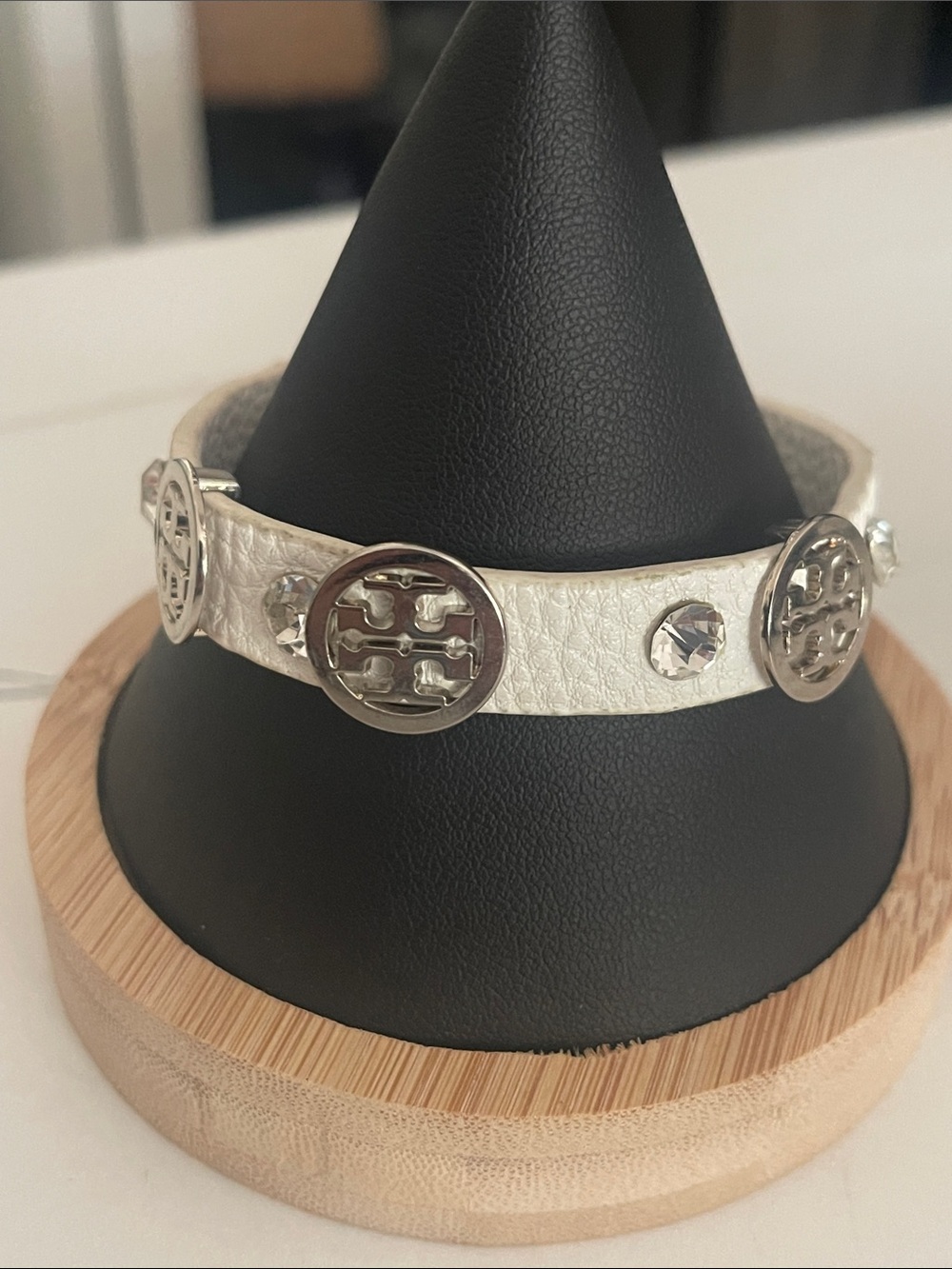 Tory Burch Ivory Leather Bracelet with Silver Logo Medallions